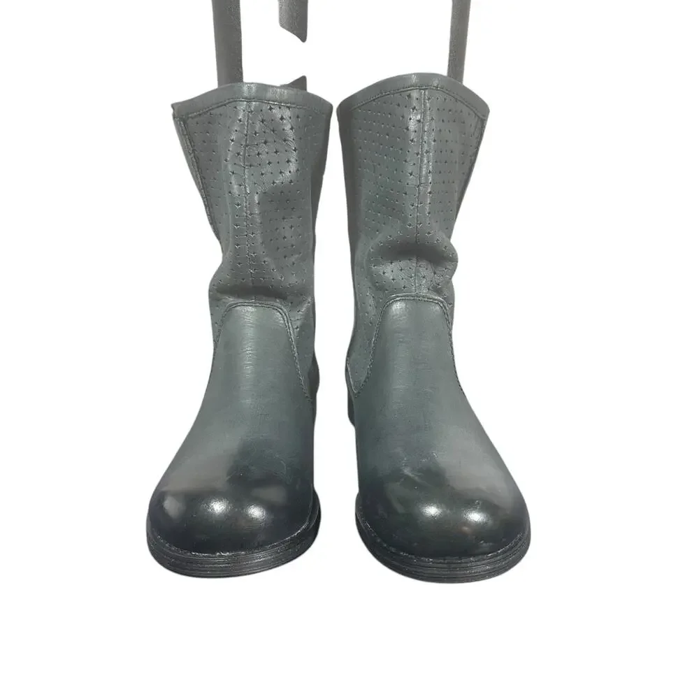 Mojo Moxy Gray Perforated Leather Mid-Calf Boots 6.5 Western Slouchy